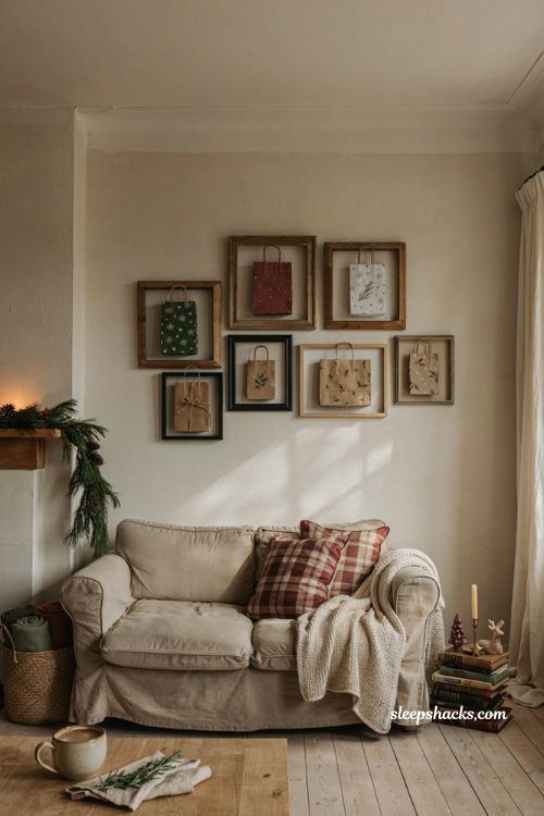 christmas gift bag wall art ideas with framed holiday gallery decor for a cozy living room