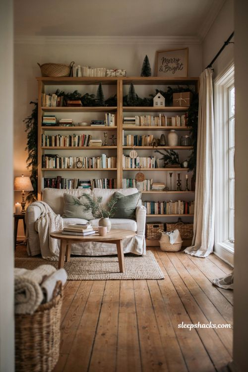 christmas open shelving decor ideas with greenery signs and cozy farmhouse details