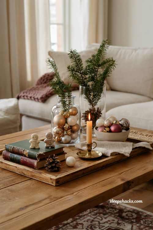 christmas ornament decor ideas with glass jars and elegant coffee table styling for a cozy living room