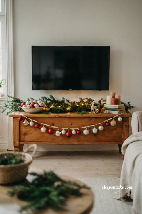 christmas ornament garland ideas for living room tv console decor