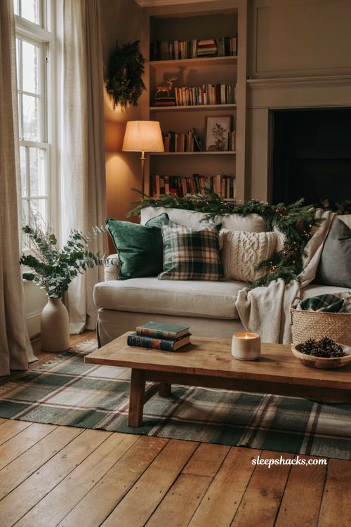 christmas pillow cover ideas for a cozy living room with velvet plaid and knit textures