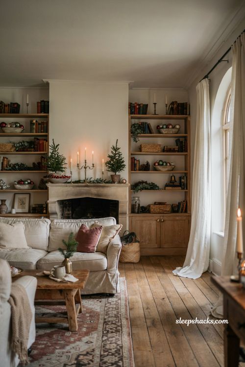 christmas shelf decor ideas with built in styling groups of three and cozy holiday accents