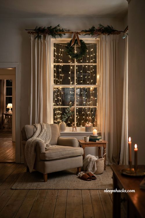 christmas window decor ideas with light curtain wreath and cozy living room glow