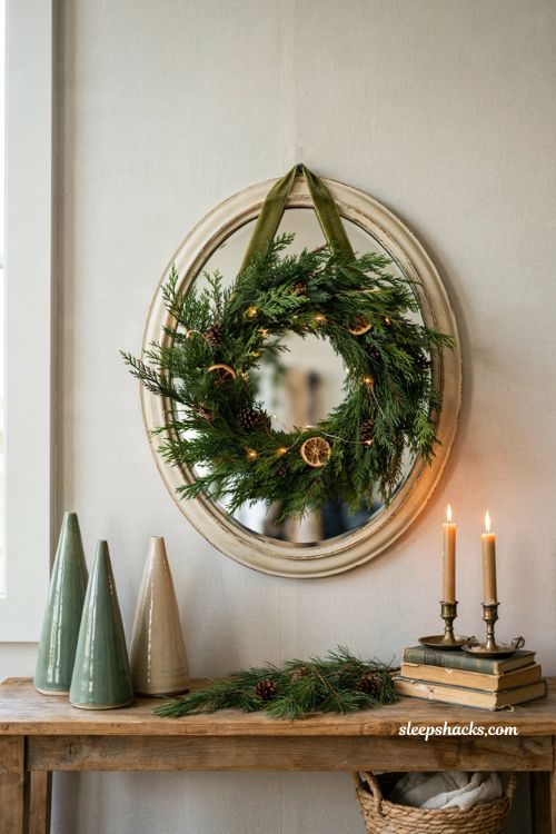 christmas wreath over mirror wall decor idea for a cozy living room with greenery and lights