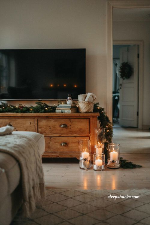 diy christmas candleholder decor ideas for living room tv console with ribbon