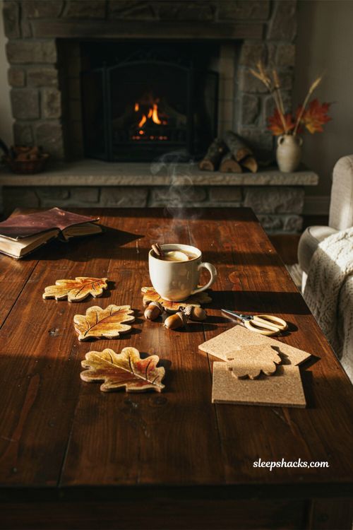 diy leaf shaped cork coasters for autumn table decor and hot cider alt text