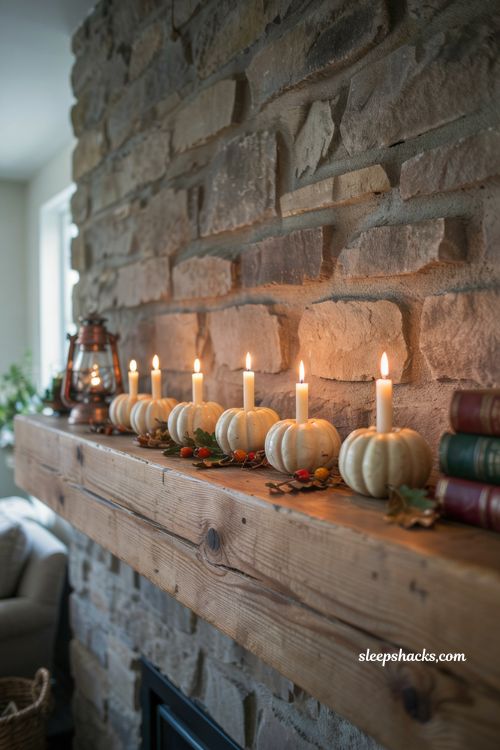 diy mini pumpkin candlestick holders on a rustic farmhouse mantel alt text