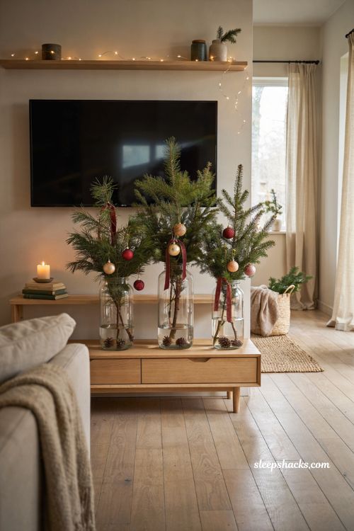 evergreen branch christmas decor ideas for living room tv console with glass jars