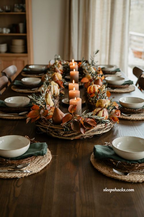 fall grapevine wreath laid flat as a dining table centerpiece with candles and gourds
