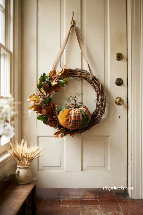 fall grapevine wreath with a centerpiece patchwork fabric pumpkin for handmade autumn decor