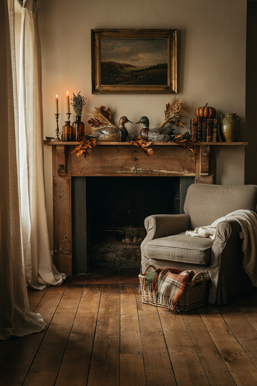 Vintage fall decor ideas with antique wooden duck decoys on a rustic farmhouse mantel