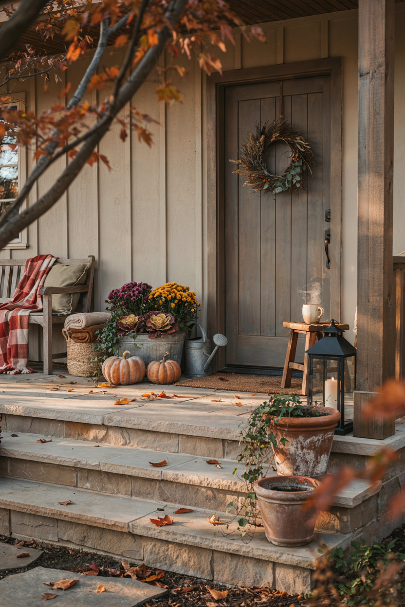 Outdoor fall container garden ideas with tall grasses mums and trailing ivy
