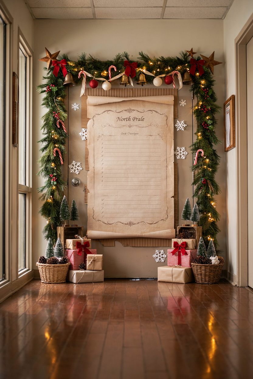 Straight-on eye-level editorial interior photograph of a brightly decorated office hallway featuring a single workplace door transformed into a whimsical Christmas decorating contest display inspired by an enthusiastic holiday elf, centered around a life-sized handcrafted cardboard character wearing a vibrant green coat, bright yellow leggings, black belt, curled elf shoes, and a pointed festive hat, posed with wide open arms in an energetic welcoming gesture that instantly becomes the focal point, surrounded by oversized candy canes, giant peppermint swirls, paper snowflakes, colourful wrapped presents, evergreen garlands, warm string lights, playful red bows, miniature Christmas trees, and handcrafted workshop-inspired decorations, with decorative blank comic-style speech bubble graphics containing no visible text, cheerful North Pole workshop style with nostalgic handcrafted holiday charm, a joyful palette of emerald green, sunshine yellow, cherry red, snowy white, warm gold, natural kraft paper, and rich evergreen creating a lively yet balanced festive atmosphere, layered corrugated cardboard, painted poster paper, felt textures, ribbon, wooden toy blocks, vintage ornaments, pinecones, woven baskets, and rustic wooden crates adding authentic DIY character that feels created by coworkers rather than professionally installed, soft overhead office lighting blended with warm fairy lights creates a welcoming glow while revealing every handcrafted texture and vibrant colour with crisp clarity, the atmosphere feels playful, nostalgic, and full of contagious holiday excitement, encouraging smiles throughout the office hallway, soft festive colours instantly energise the workspace, layered handmade textures add warmth and visual depth, simple oversized details create memorable Christmas charm that stands out beautifully from a distance, no people, no text, no watermarks, no blur, no bokeh, all surfaces in sharp focus, photorealistic, ultra-realistic, 4K resolution, editorial interior photography, Pinterest-worthy