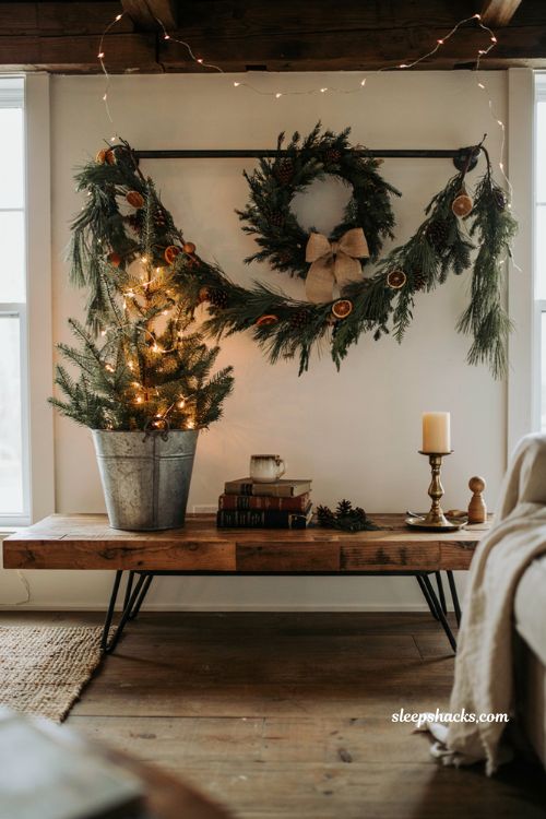 industrial christmas decor ideas with galvanized bucket tree for living room tv stand