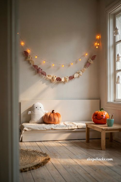 kid friendly halloween playroom decor with soft plush pumpkins and ghost pillows