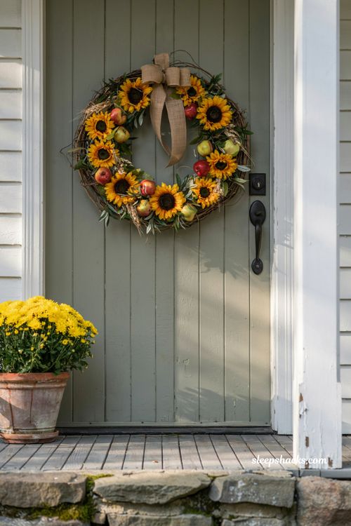 late summer transition wreath with sunflowers and apples for early fall front door