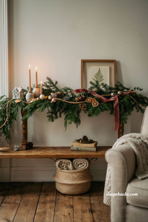 layered christmas garland wall decor ideas with greenery ribbon and cozy farmhouse details