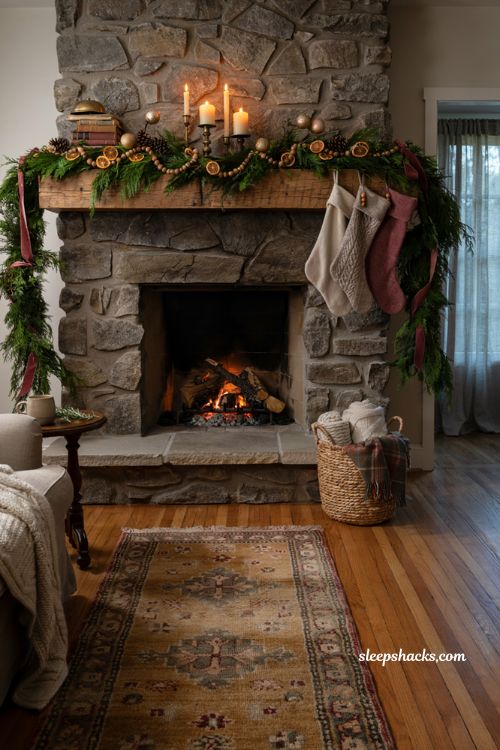 layered christmas mantel garland ideas with greenery beads dried oranges and cozy textures