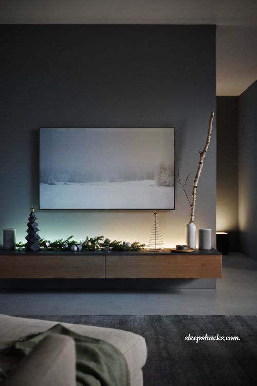modern futuristic christmas decor ideas for living room tv console with led lights
