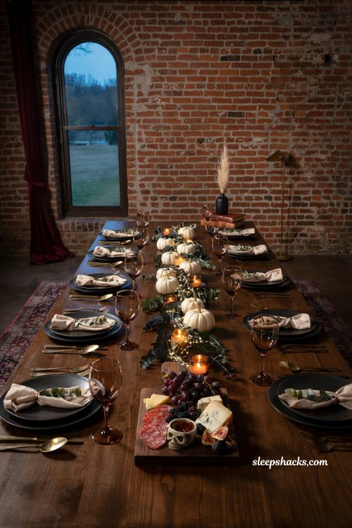 moody halloween tablescape with black dinnerware candle glow and charcuterie board