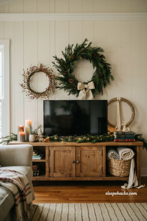 multiple wreath christmas decor ideas for living room tv console with layered greenery