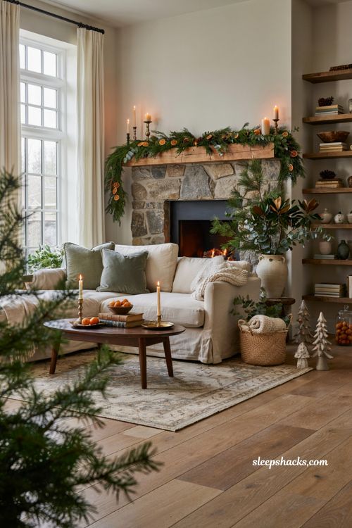 natural christmas greenery decor ideas with pine eucalyptus pinecones and dried oranges for a cozy living room