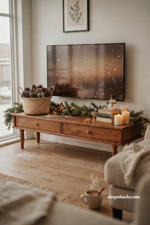 pinecone christmas decor ideas for living room tv console with rustic basket