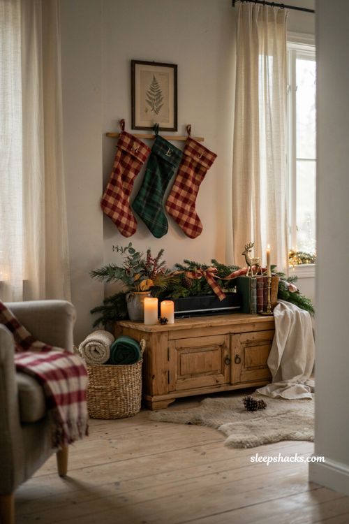 plaid christmas decor ideas for living room tv console with cozy rustic accents