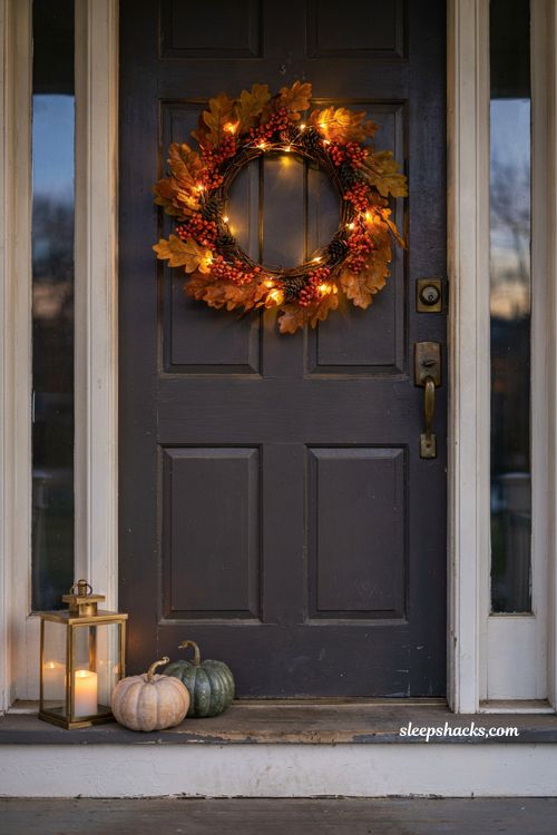 pre lit autumn wreath glowing on a dark front door at dusk