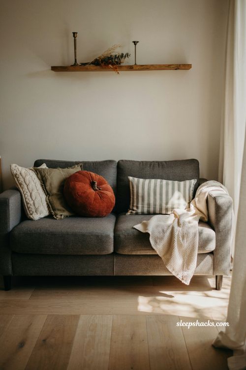 rust colored pumpkin throw pillow styled on a charcoal sofa for autumn living room decor