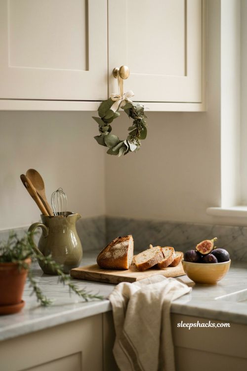 small dried eucalyptus mini wreath hanging on a kitchen cabinet knob