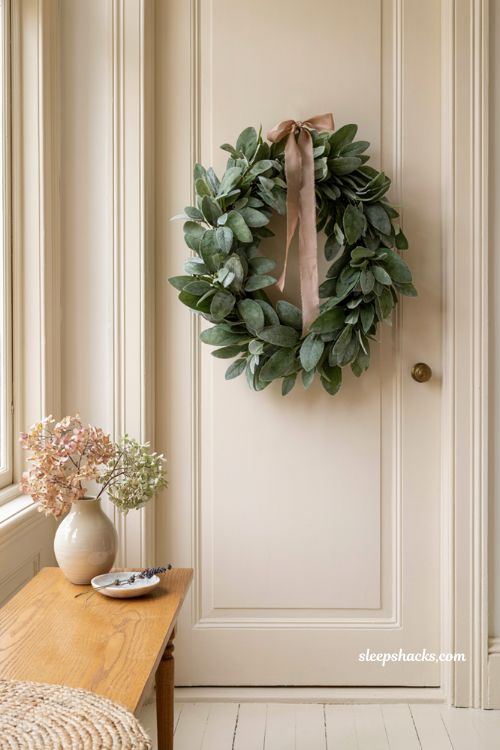 soft silvery green lambs ear fall wreath with dusty rose ribbon for elegant autumn decor