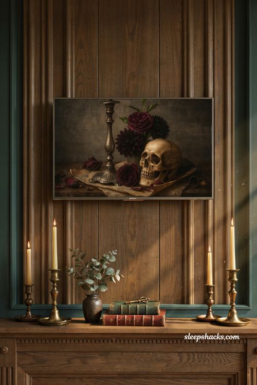 vintage moody still life art displayed on a frame tv above a living room mantel