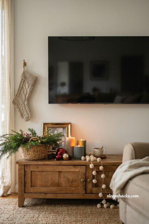 textural christmas decor ideas for living room tv console with cozy layered decorations
