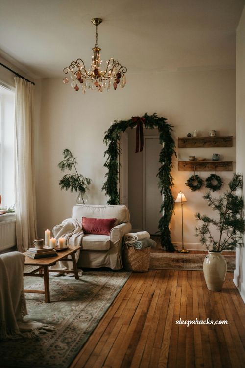 vertical christmas decor ideas with hanging ornaments greenery and cozy living room styling
