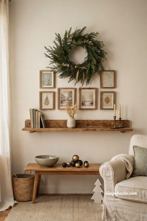 warm farmhouse christmas wall decor ideas with rustic greenery and modern cozy style