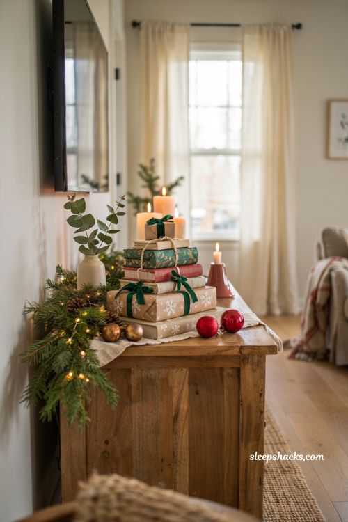 wrapped book christmas decor ideas for living room tv console styling
