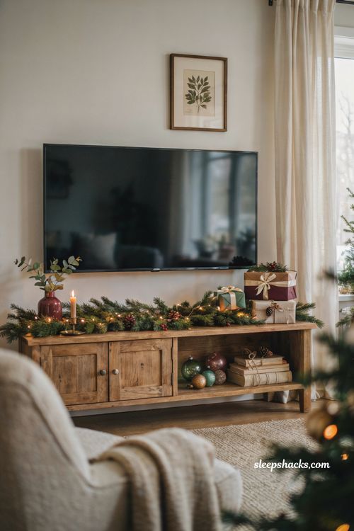 wrapped gift christmas decor ideas for living room tv stand with holiday boxes