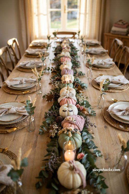 Adorable dressed up mini pumpkin centerpieces for a sweet fall baby shower theme in cream and pink