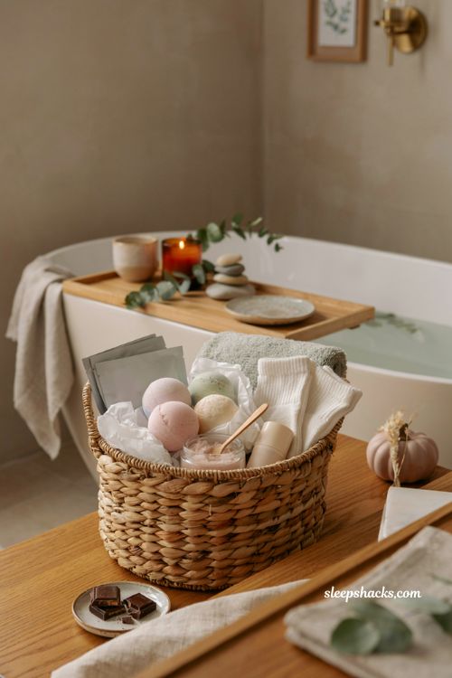 Adult spa day boo basket ideas with bath bombs face masks and self care gifts