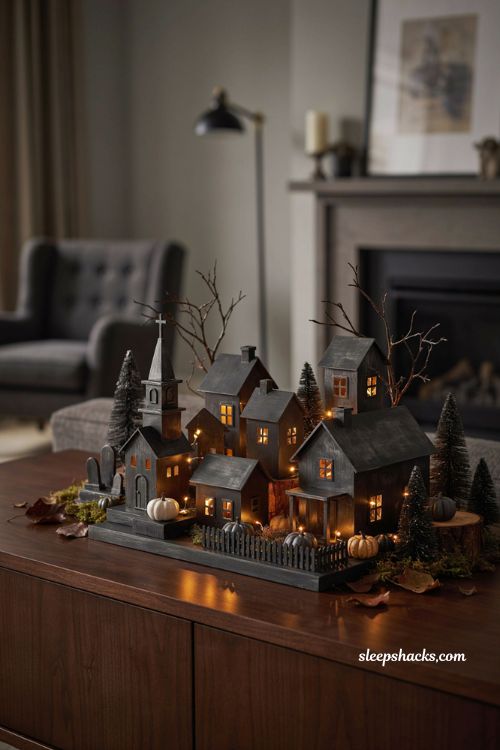 All black dollar store Halloween village with glowing fairy lights