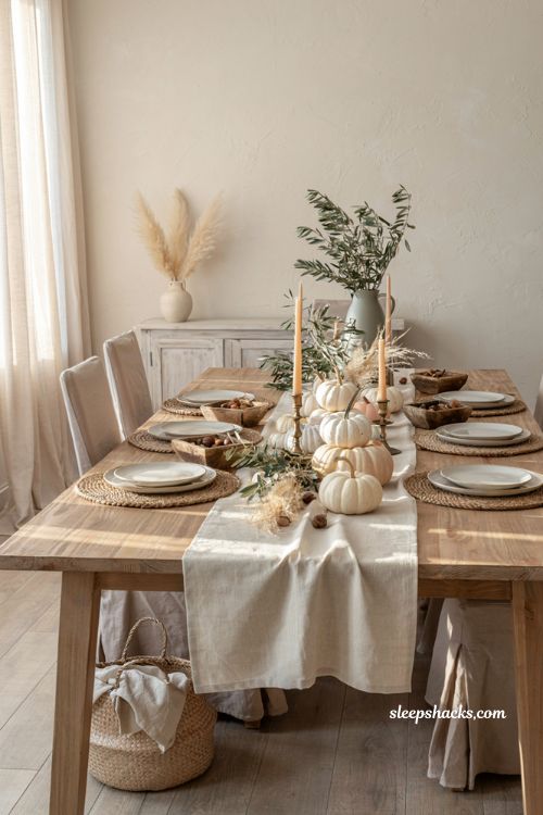 All neutral pumpkin display ideas with white cream pumpkins for modern farmhouse fall decor
