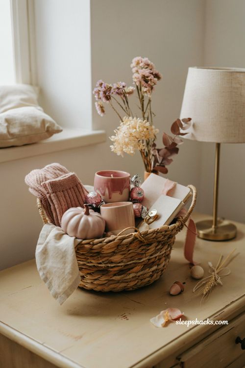 All pink boo basket ideas for girlfriend with blush gifts and cute fall decor
