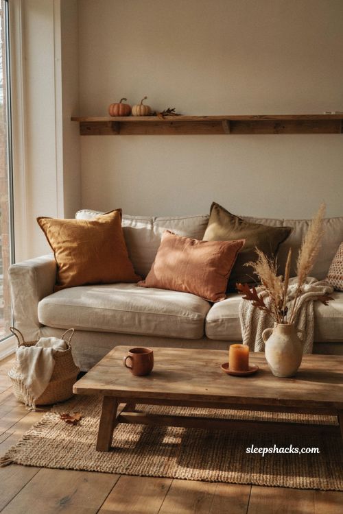 Amber and rust fall throw pillow decor with terracotta olive cushions on a cozy living room sofa