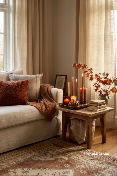 Amber glass candle decor ideas for a cozy fall living room with warm autumn glow