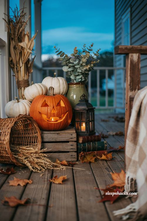 Angular v shaped eyebrow pumpkin carving idea for a spooky farmhouse Halloween porch