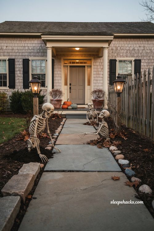 Animated Halloween groundbreaker skeletons rising from mulch along a spooky walkway