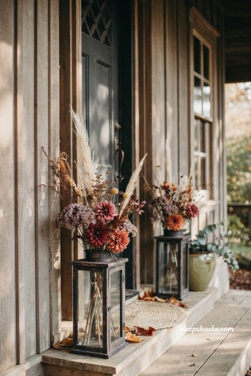 Antique lantern floral display with dahlias statice and dried grasses for vintage fall decor