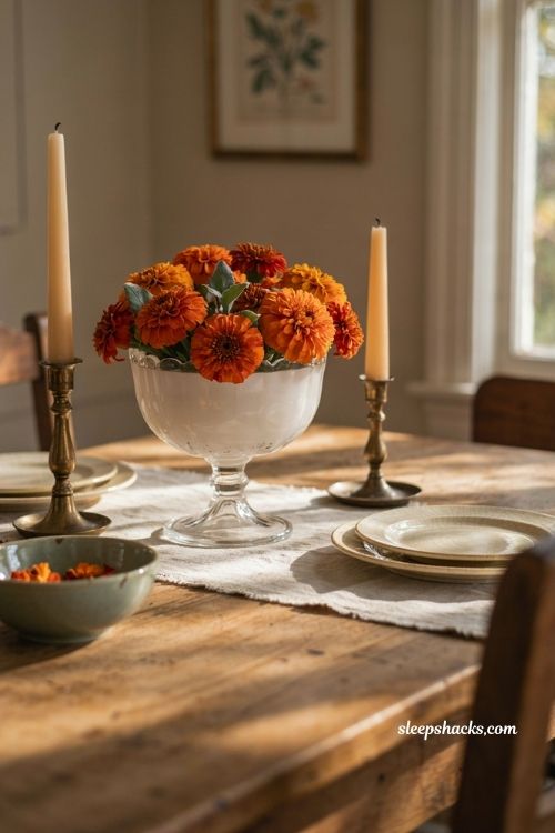 Antique milk glass compote with bright orange marigolds for vintage fall decor