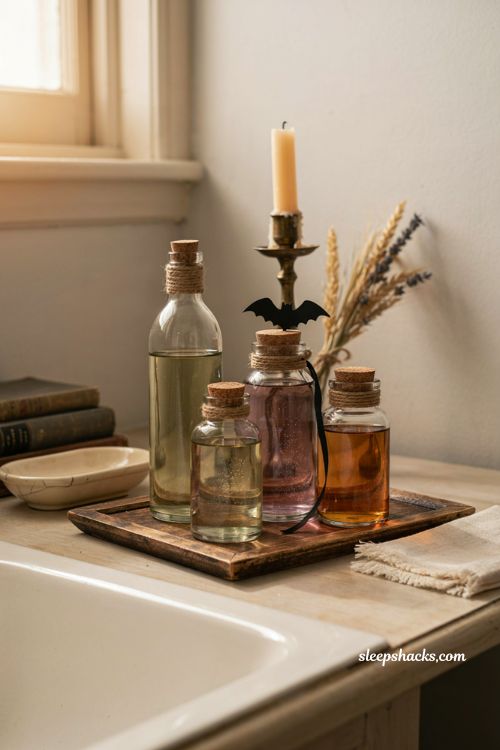 Apothecary bottles with cork stoppers for spooky farmhouse Halloween decor